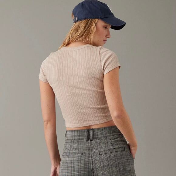 American Eagle AE Cropped Pointelle Hey Baby Tee Oatmeal Cream size XL - Picture 3 of 9